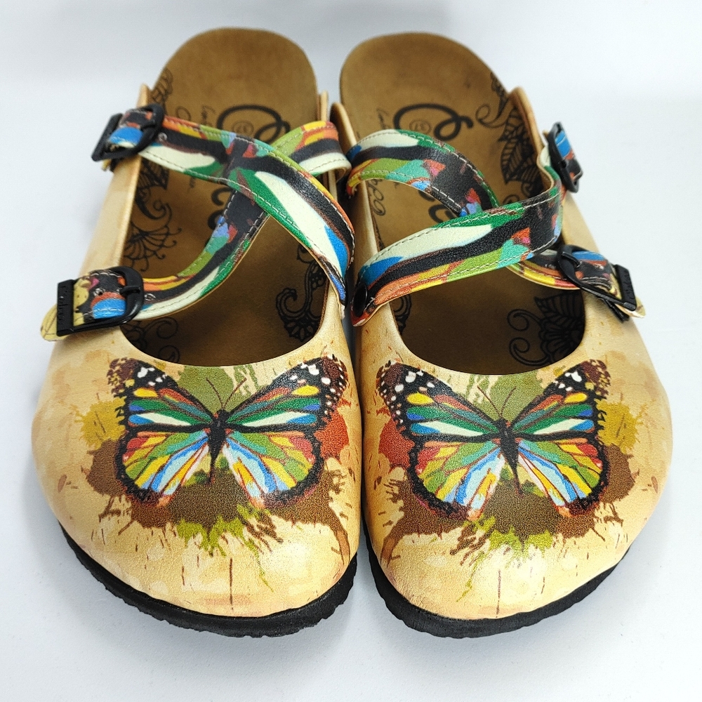 Calceo Tan Rainbow Butterfly Mule Size 37